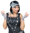 Roaring 20S Flapper  Sequin Headband With Flower, Pair Of Beaded Earrings, Beaded Necklace, Pair Of Fingerless Lace Gloves 