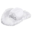 White Cowgirl Hat With Tiara & Marabou Trim With Silver Tinsel - In Felt