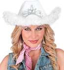 White Cowgirl Hat With Tiara & Marabou Trim With Silver Tinsel - In Felt