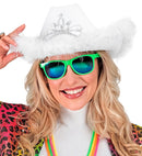 White Cowgirl Hat With Tiara & Marabou Trim With Silver Tinsel - In Felt