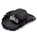 Black Cowgirl Hat With Tiara & Marabou Trim With Silver Tinsel - In Felt