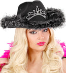 Black Cowgirl Hat With Tiara & Marabou Trim With Silver Tinsel - In Felt