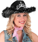 Black Cowgirl Hat With Tiara & Marabou Trim With Silver Tinsel - In Felt