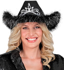 Black Cowgirl Hat With Tiara & Marabou Trim With Silver Tinsel - In Felt