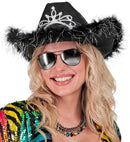 Black Cowgirl Hat With Tiara & Marabou Trim With Silver Tinsel - In Felt