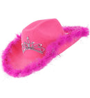 Pink Cowgirl Hat With Tiara & Marabou Trim With Silver Tinsel - In Felt