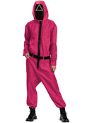 Netflix Squid Game Triangle Guard Costume Adult Pink Jumpsuit Black Belt and Mask 4