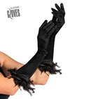 Black Long Elastane Gloves With Feather Trim 40 Cm - Suitable Also For Man