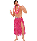 Pink Straw Hula Skirt With Flower Belt 80 Cm - Adjustable Size