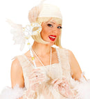 White Eyemasks On A Stick With Feathers & Silver/Gold Accents