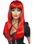 Bewitching Wig Adult Red Black Long with Fringe and Bow 1