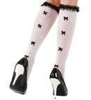 White Socks With Ruffle Lace Trim & Black Bows 70 Den