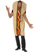 Giant Hot Dog Costume Adult Brown Bodysuit with Ketchup Effect Front 1
