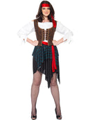 Pirate Lady Costume Adult White Shirt Attached Brown Waistcoat Skirt Belt and Headband 2