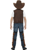Texan Cowboy Costume Kids Brown Hat Red Neck Tie Brown Waistcoat Badge and Chaps 3