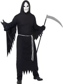 Grim Reaper Costume Adult Black Hooded Robe White Mask and Belt 1