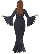 Midnight Vamp Costume Ladies Long Black Dress with Ragged Sleeves and Bottom Trim 3