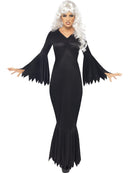 Midnight Vamp Costume Ladies Long Black Dress with Ragged Sleeves and Bottom Trim 1