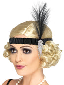 Black Satin Charleston Headband with Black Feather and Silver Jewel Detail 1