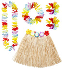 Hawaiian Set  Hula Skirt With Flower Belt, Flower Lei, Crown, 2 Bracelets 
