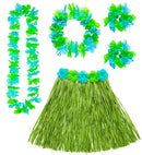 Green Hawaiian Set  Hula Skirt With Flower Belt, Flower Lei, Crown, 2 Bracelets 