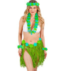 Green Hawaiian Set  Hula Skirt With Flower Belt, Flower Lei, Crown, 2 Bracelets 