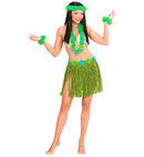 Green Hawaiian Set  Hula Skirt With Flower Belt, Flower Lei, Crown, 2 Bracelets 