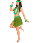 Green Hawaiian Set  Hula Skirt With Flower Belt, Flower Lei, Crown, 2 Bracelets 