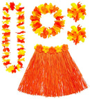 Orange Hawaiian Set  Hula Skirtwith Flower Belt, Flower Lei, Crown, 2 Bracelets 