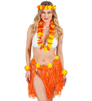 Orange Hawaiian Set  Hula Skirtwith Flower Belt, Flower Lei, Crown, 2 Bracelets 