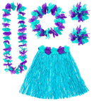 Blue Hawaiian Set  Hula Skirt With Flower Belt, Flower Lei, Crown, 2 Bracelets 