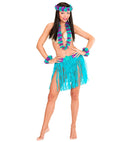 Blue Hawaiian Set  Hula Skirt With Flower Belt, Flower Lei, Crown, 2 Bracelets 