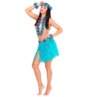 Blue Hawaiian Set  Hula Skirt With Flower Belt, Flower Lei, Crown, 2 Bracelets 