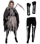 Grim Reaper  Bones Dress, Tights & Gloves, Hooded Cape, Chains  