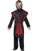 Ninja Costume Kids Black Red Jumpsuit with Hood Overpiece Belt and Bands 1