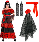 Mujer Dia De Los Muertos  Dress, Rose Belt, Fingerless Gloves, Flower Veil 