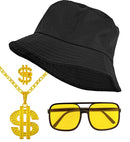 The 90S Hip Hop Fashion - Black  Bucket Hat, Glasses, Necklace, Ring 