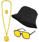 The 90S Hip Hop Fashion - Black  Bucket Hat, Glasses, Necklace, Ring 