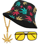 The 90S Hip Hop Fashion - Ganja   Bucket Hat, Glasses, Necklace 