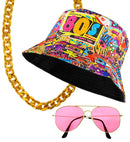 The 80S Funky Fashion - Graffiti  Bucket Hat, Glasses, Necklace 