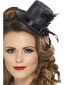 Mini Tophat Black with Black Ribbon and Feather Adult Costume Accessory 1