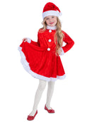 Mini Miss Santa Costume Kids Red Velour Dress with White Fake Fur Trim and Matching Hat 4