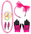 Neon Pink The 80S Fashion Accessories  Lace Bow Headband, 2 Beaded Necklaces, Pair Of Earrings, Pair Of Fingerless Fishnet Gloves, 10 Bracelets 