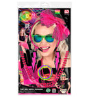 Neon Pink The 80S Fashion Accessories  Lace Bow Headband, 2 Beaded Necklaces, Pair Of Earrings, Pair Of Fingerless Fishnet Gloves, 10 Bracelets 