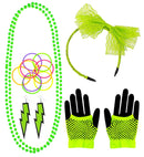 Neon Green The 80S Fashion Accessories  Lace Bow Headband, 2 Beaded Necklaces, Pair Of Earrings, Pair Of Fingerless Fishnet Gloves, 10 Bracelets 