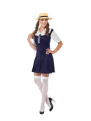 School Girl Costume Adult Black Dress Attached White Shirt Tie and Boater Hat 4