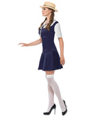 School Girl Costume Adult Black Dress Attached White Shirt Tie and Boater Hat 2