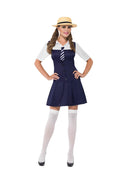 School Girl Costume Adult Black Dress Attached White Shirt Tie and Boater Hat 1