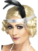 Silver Satin Charleston Headband Black Feather And Jewel Adult Costume Accessory 1