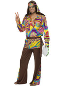 Psychedelic Hippie Man Costume Adult Multi Coloured Shirt Headband Brown Trousers Belt 1